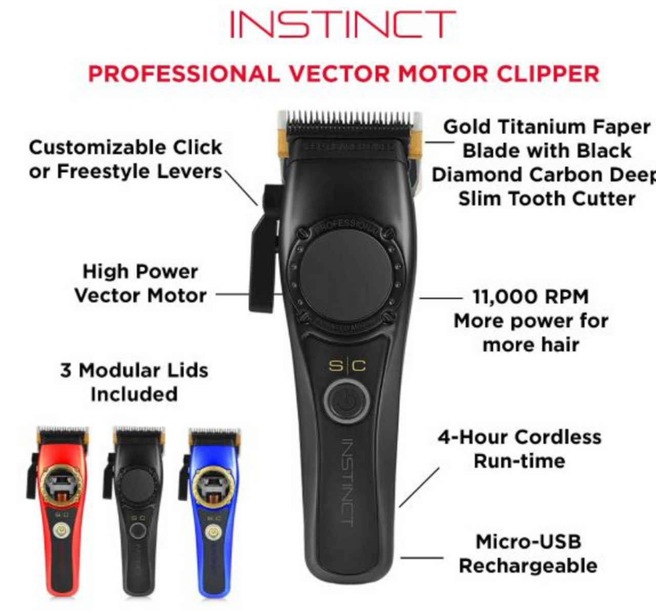 StyleCraft INSTINCT Professional Vector Motor Cordless Hair Clipper SC607M