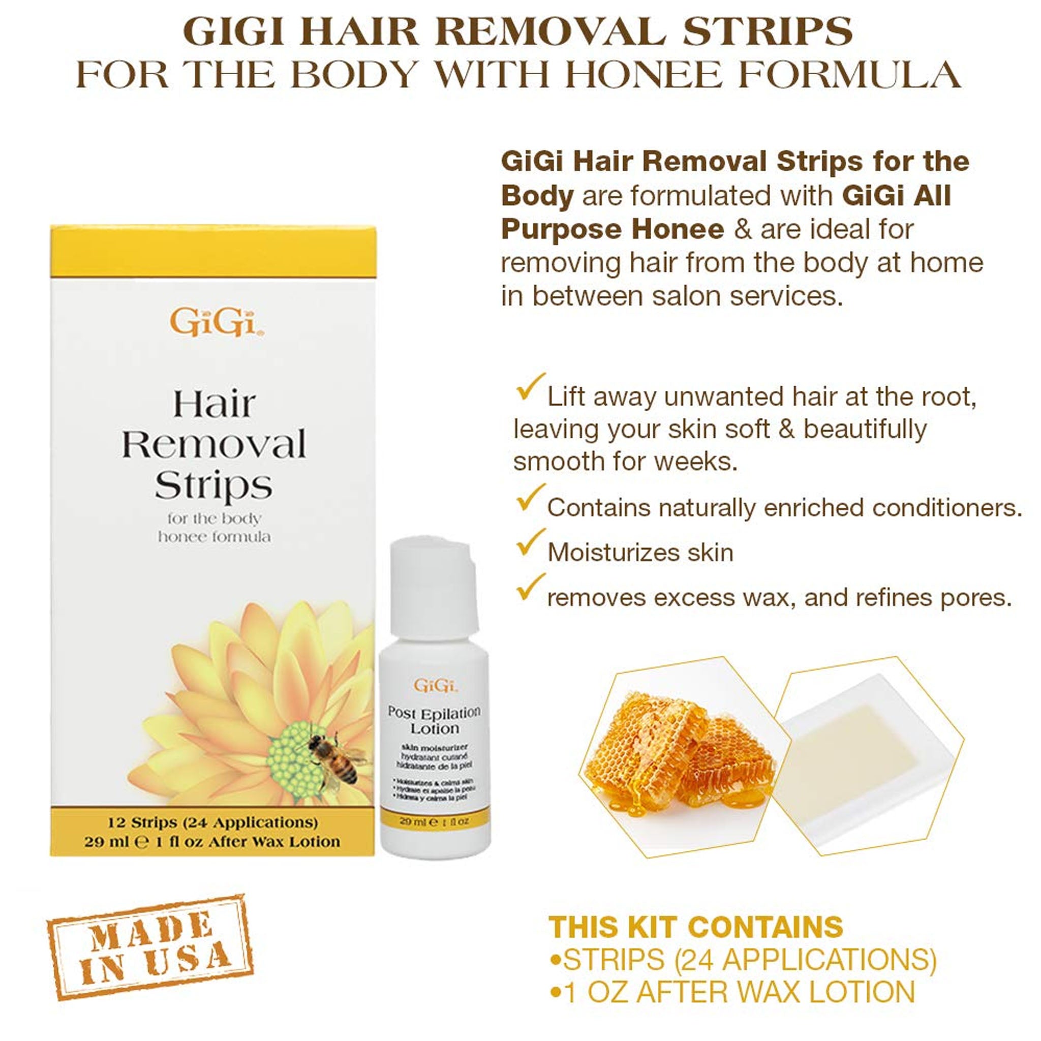 GiGi Hair Removal Strips for the Body - Pre-Waxed with GiGi All-Purpose Honee Formula, 12 Strips